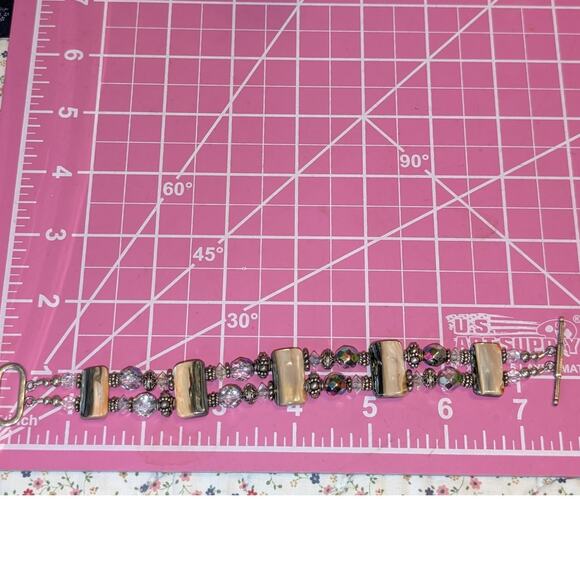 Signed Abalone Shell Chunks AB Crystal Sterling Beaded Toggle Clasp Bracelet - Picture 13 of 15